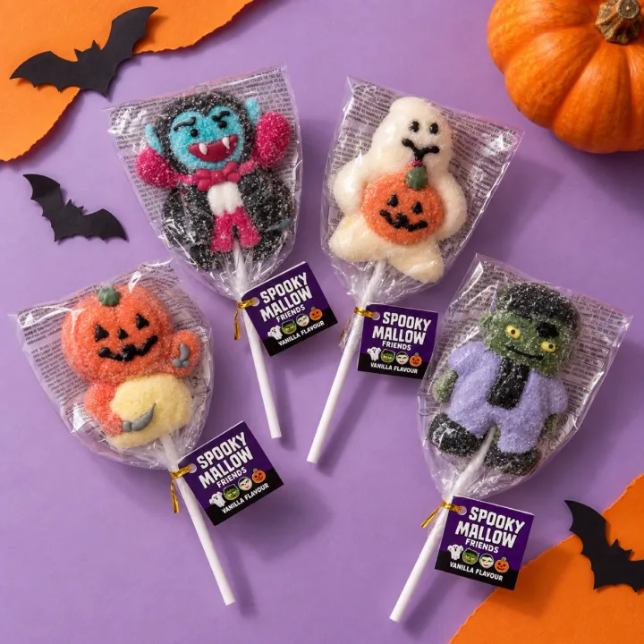 Spooky Mallow Friends marshmallow-lolly's: Dracula, spookje, pompoen en Frankenstein
