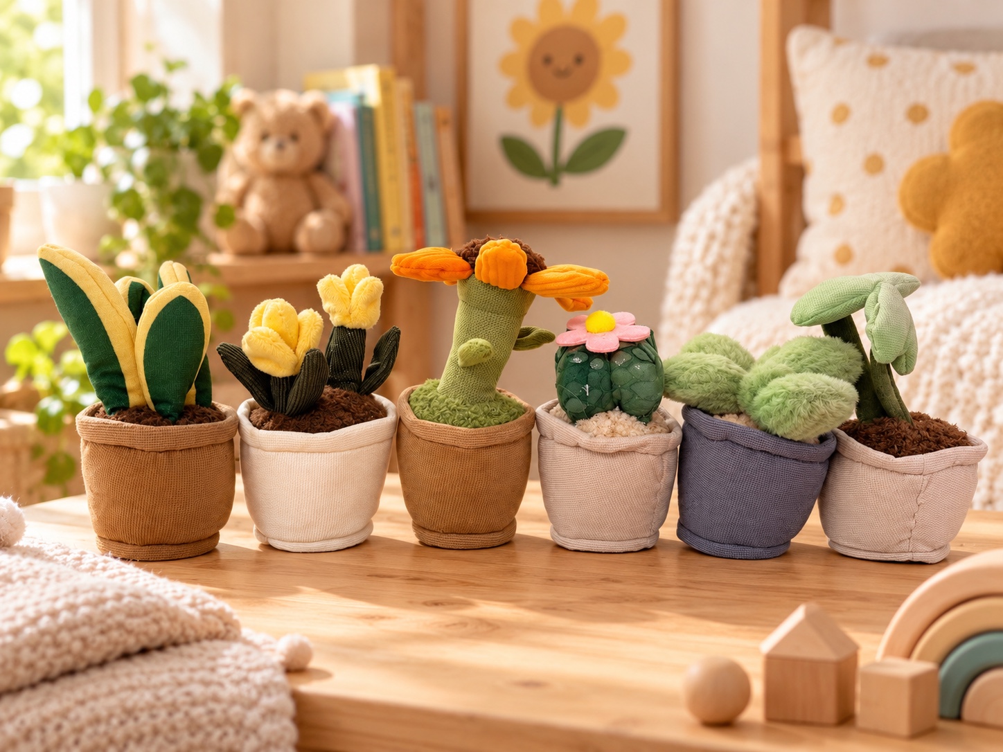 Pluchiez pluche plantjes in een warme, lichte kinderkamer