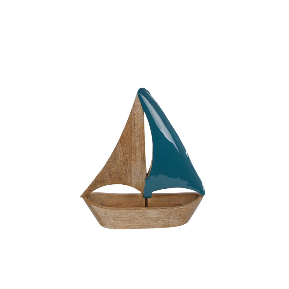 Sculptuur boot "Sail" small blauw/naturel mango  25x23x3 cm