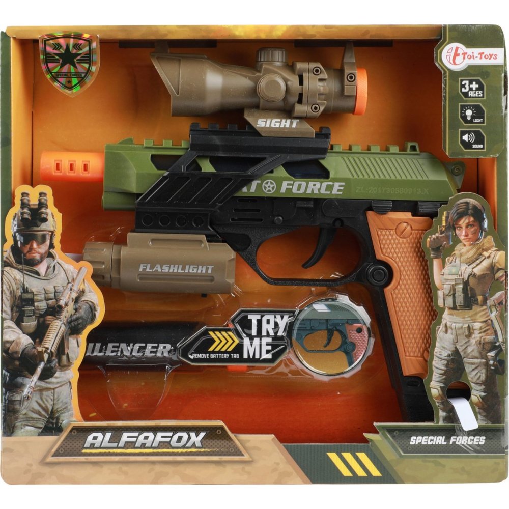 Alfafox Militair pistool met demper en zaklamp en  licht en geluid