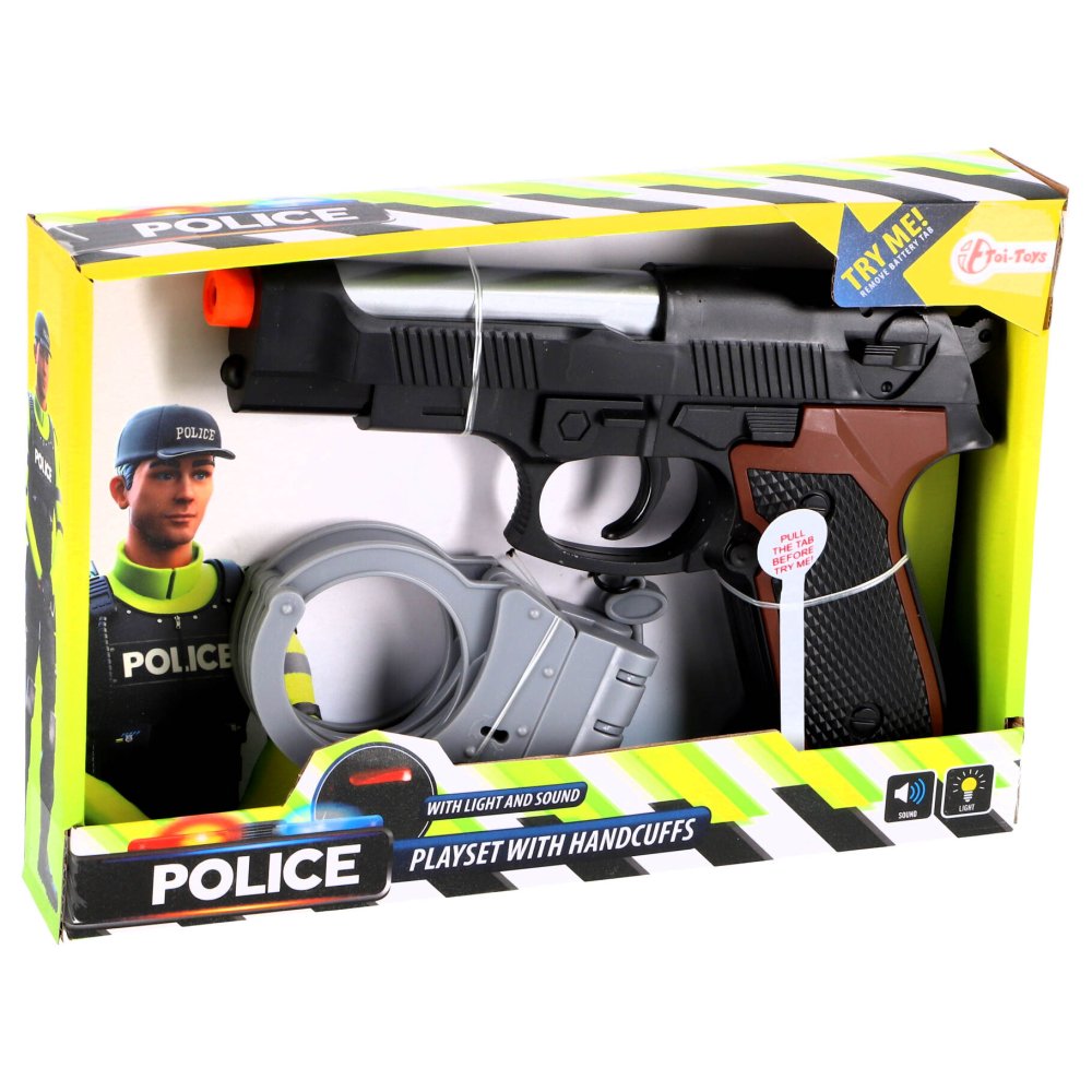Politieset handboeien en pistool met licht en  geluid