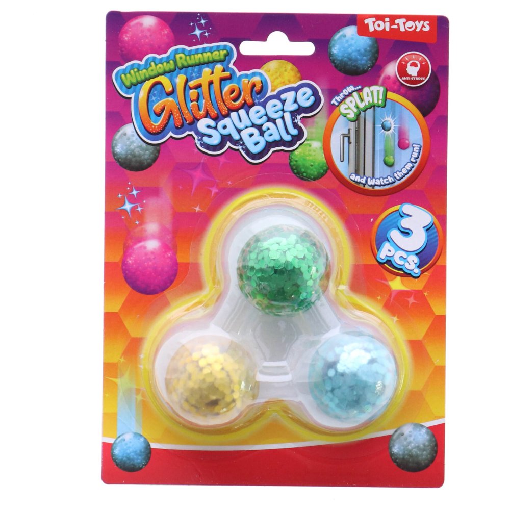 Raamkruiper knijpballen glitter 4 cm 3 stuks