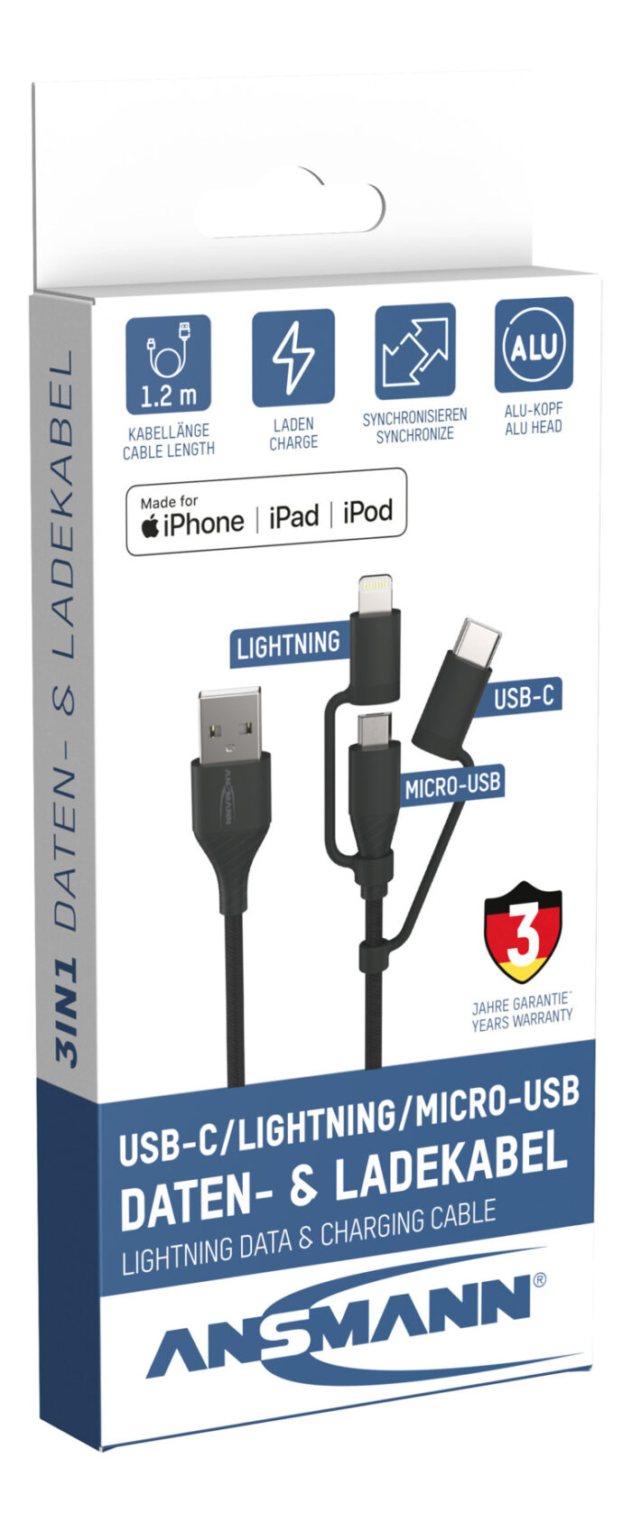 3 In 1 data en oplaadkabel 120 cm lang - Afbeelding 6