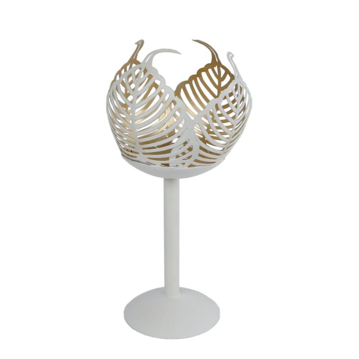 Theelichthouder op voet Leaf Lina crème/goud metaal 10x10x21cm