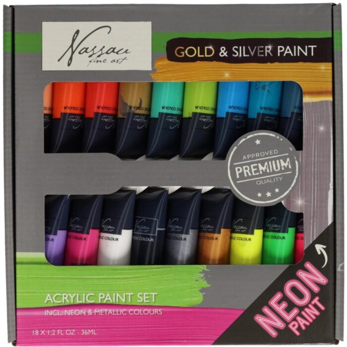 Nassau verfset 18 kleuren 36ml neon/metallic