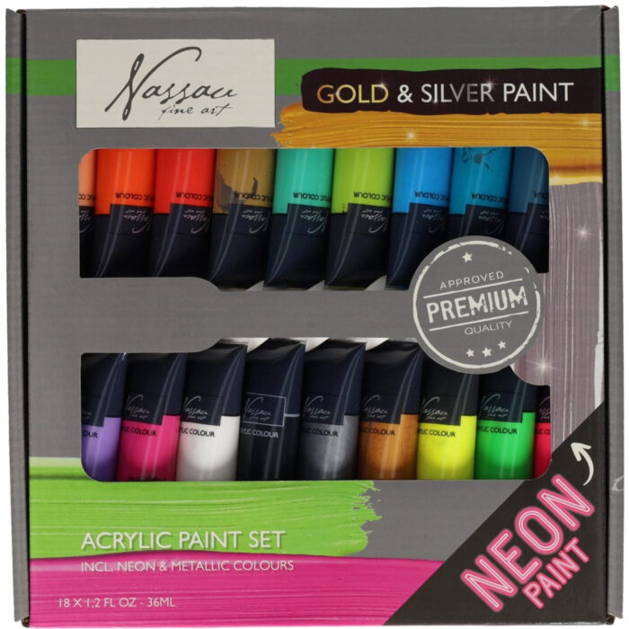 Nassau verfset 18 kleuren 36ml neon/metallic - Afbeelding 2