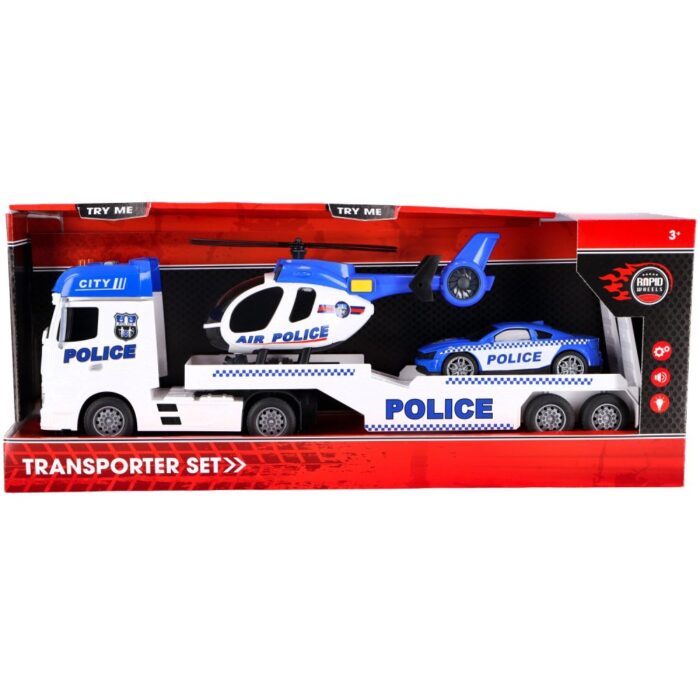 Rapid Wheels Autotransporter Politie met auto en Helicopter met licht en geluid en frictie