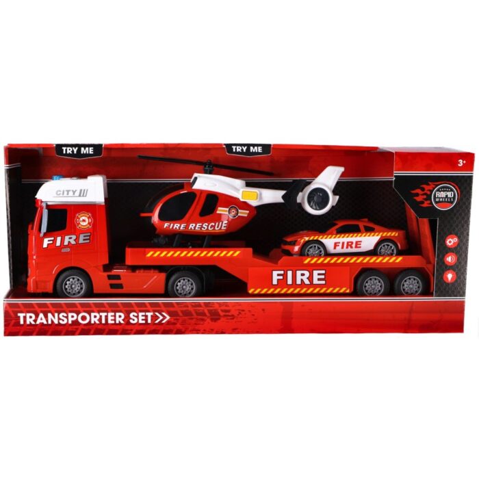 Rapid Wheels Autotransporter brandweer met auto en helikopter met licht en geluid en frictie