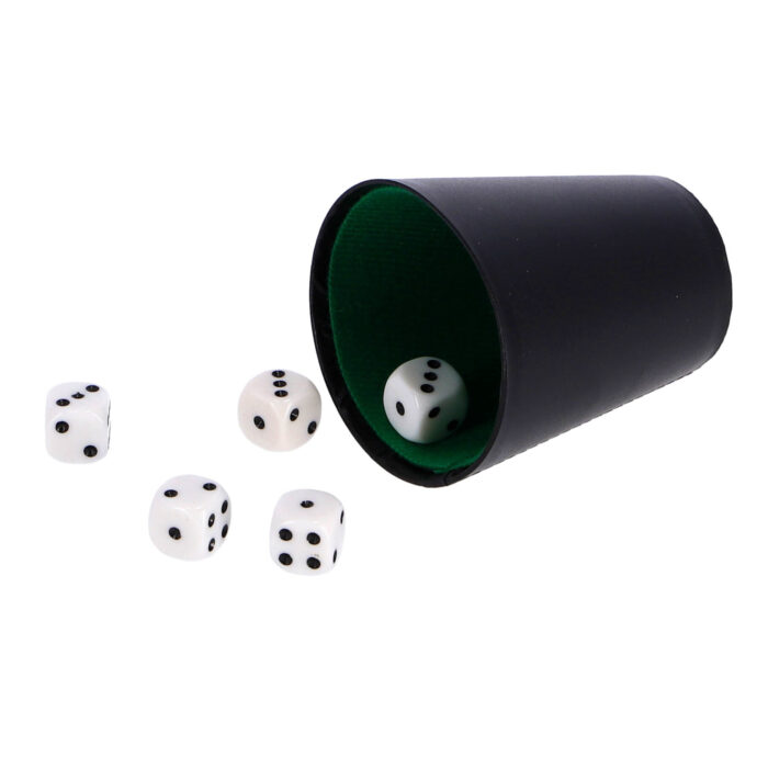 Dobbelset Spel Compleet met 5 Dobbelstenen Dobbelbeker en Scoreblok op Blister - Afbeelding 2