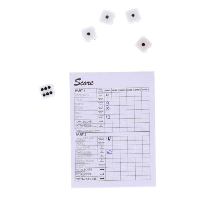 Dobbelset Spel Compleet met 5 Dobbelstenen Dobbelbeker en Scoreblok op Blister - Afbeelding 3