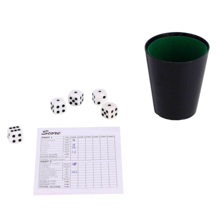 Dobbelset Spel Compleet met 5 Dobbelstenen Dobbelbeker en Scoreblok op Blister - Afbeelding 5
