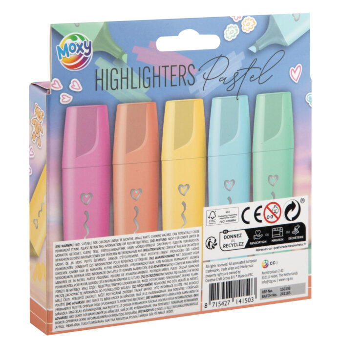 5 Highlighters Markeerstiften Pastel 12 x17,5 cm - Afbeelding 2