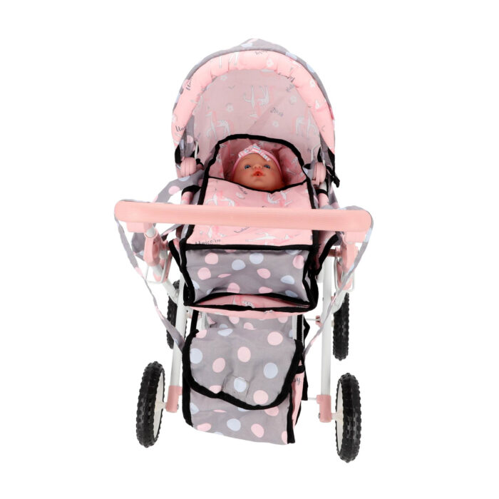Poppenwagen 2 in 1 grijs/roze 66,5x37x69 cm - Afbeelding 4