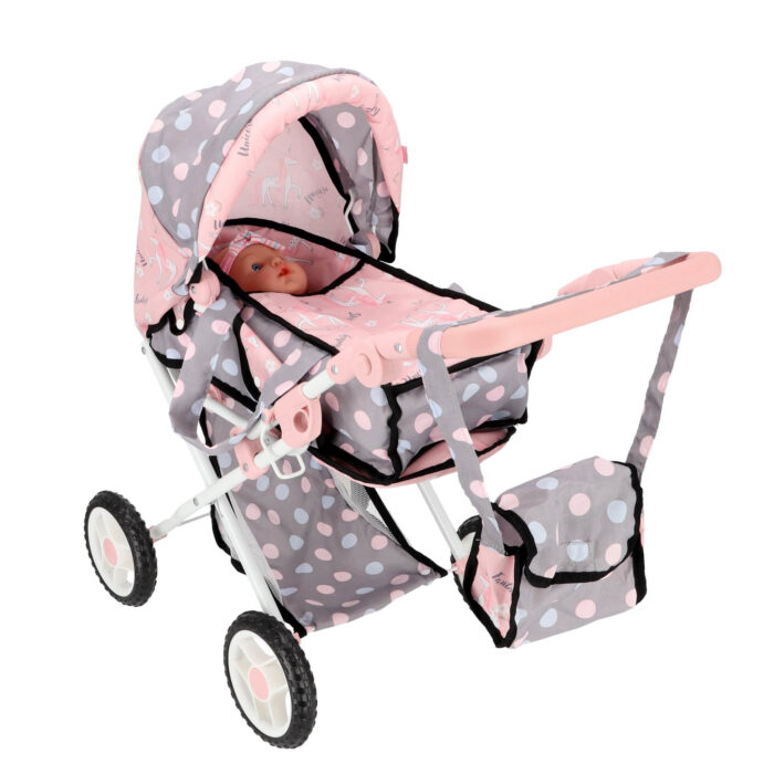 Poppenwagen 2 in 1 grijs/roze 66,5x37x69 cm - Afbeelding 5