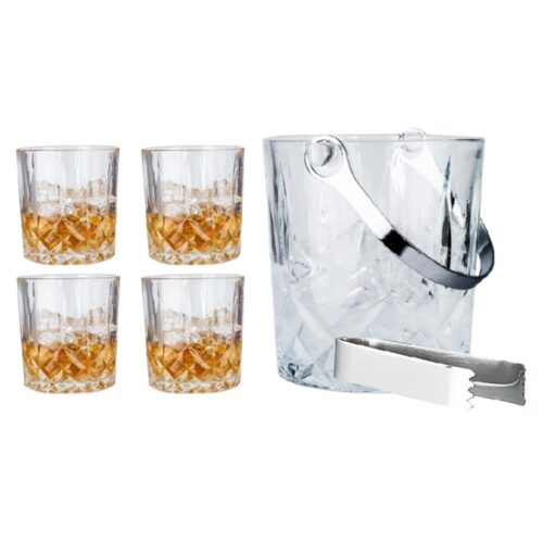 Whiskey set glas met 4 glazen, ijsemmer en ijstang