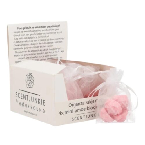 Amberblokje Roos rose 2,5 cm organza zakje 4 stuks