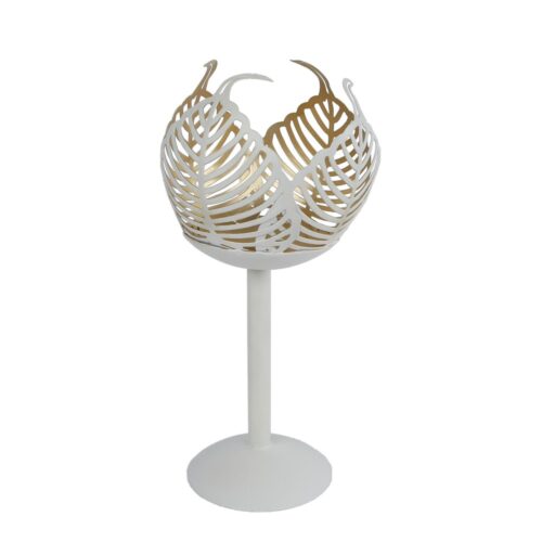 Theelichthouder op voet Leaf Lina crème/goud metaal 10x10x21cm