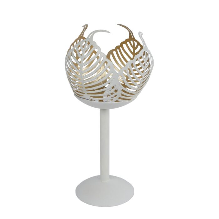 Theelichthouder op voet Leaf Lina crème/goud metaal 10x10x21cm