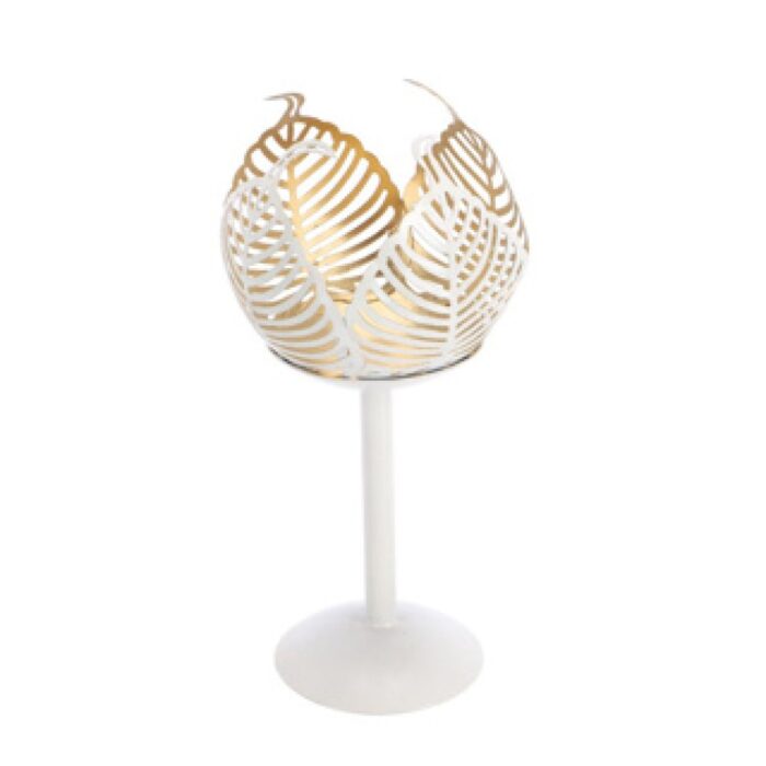 Theelichthouder op voet Leaf Lina crème/goud metaal 10x10x21cm - Afbeelding 2