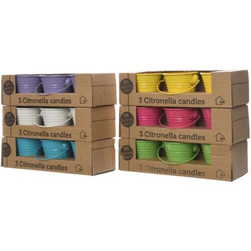 Citronella kaarsjes 3 in emmertje 6 assorti kleur 5 x 6,5 cm (assortiment – willekeurige uitvoering)