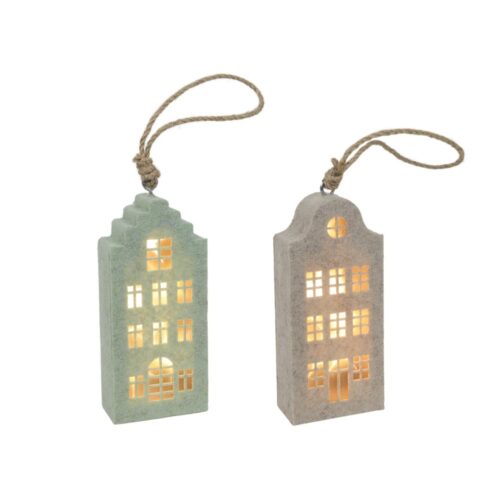 Grachtenhuis hanger beige/groen vilt led 14,5cm 2 assorti