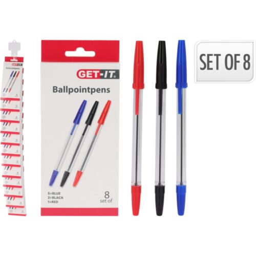 Balpennen set van 8, rood, zwart, blauw