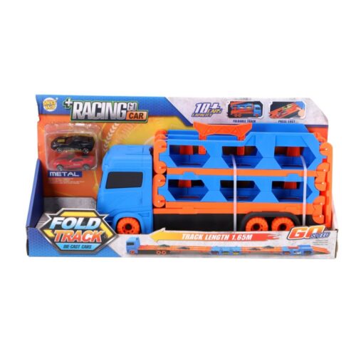 Pop-up auto transporter met 2 metal auto's