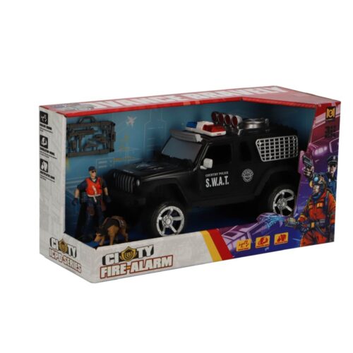 Politieauto met licht en geluid, politieagent, politiehond en accessoires