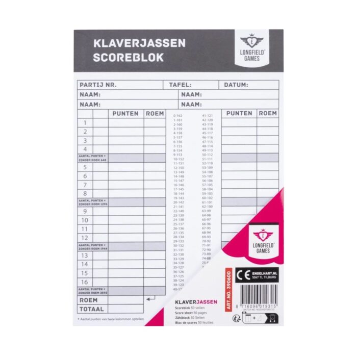 Klaverjas scoreblok 50 vellen