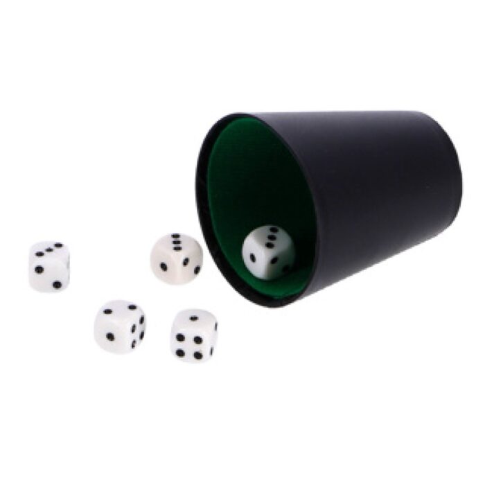 Dobbelset Spel Compleet met 5 Dobbelstenen Dobbelbeker en Scoreblok op Blister - Afbeelding 2