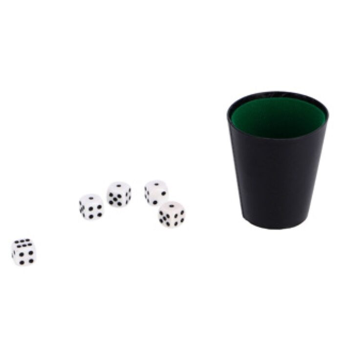 Dobbelset Spel Compleet met 5 Dobbelstenen Dobbelbeker en Scoreblok op Blister - Afbeelding 4