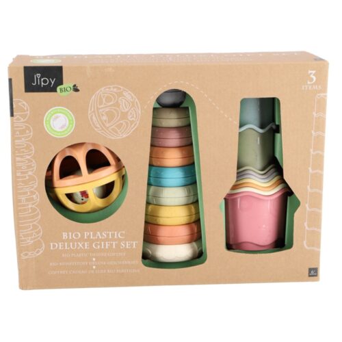 Jipy bioplastic Deluxe Giftset stapeltoren bad stapelbekertjes en speel ratelbal 3 delig
