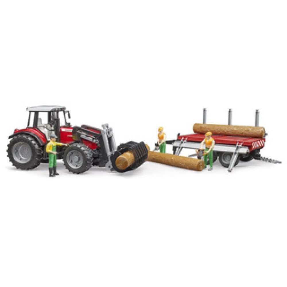 Bruder Tractor Massey Ferguson 7480 Met Houttransport Aanhanger - Afbeelding 3