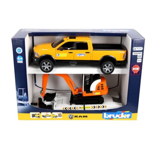 Bruder Auto Ram 2500 Power Wagen Rental Service met aanhangwagen en minibagger