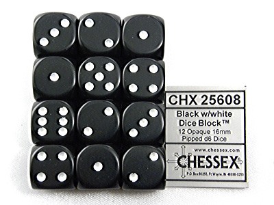 Opaque Black/white D6 16mm Dobbelsteen S