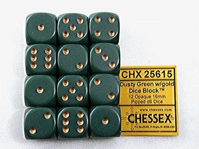 Opaque Dusty Green/gold D6 16mm Dobbelst