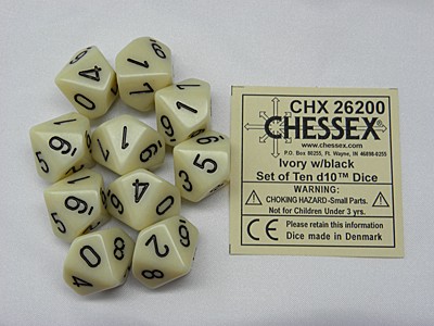 Opaque Ivory/black D10 Dobbelsteen Set (