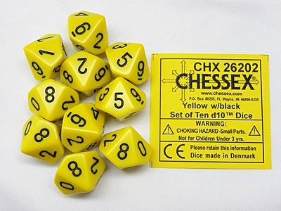 Opaque Yellow/black D10 Dobbelsteen Set