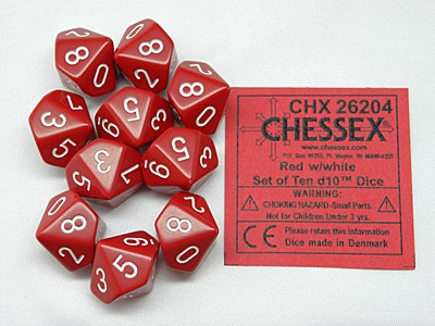 Opaque Red/white D10 Dobbelsteen Set (10