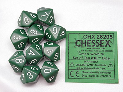 Opaque Green/white D10 Dobbelsteen Set (