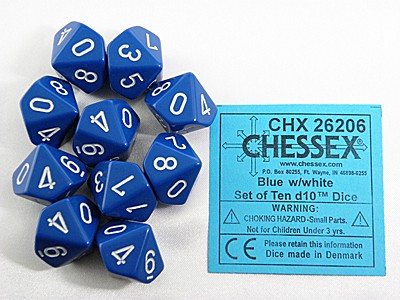 Opaque Blue/white D10 Dobbelsteen Set (1