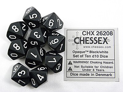 Opaque Black/white D10 Dobbelsteen Set (