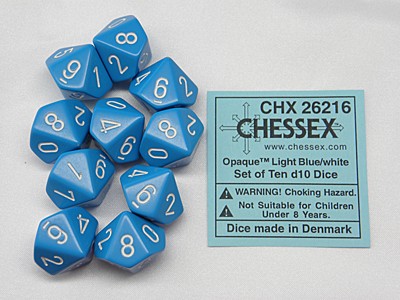 Opaque Light Blue/white D10 Dobbelsteen