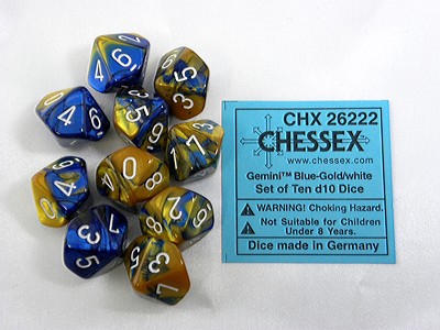 Gemini Blue-Gold/white D10 Dobbelsteen S