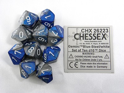 Gemini Blue-Steel/white D10 Dobbelsteen
