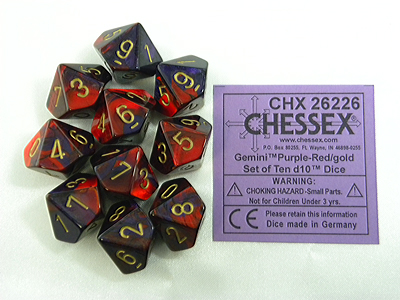Gemini Purple-Red/gold D10 Dobbelsteen S