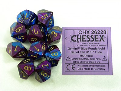 Gemini Blue-Purple/gold D10 Dobbelsteen