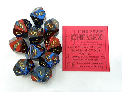 Gemini Blue-Red/gold D10 Dobbelsteen Set