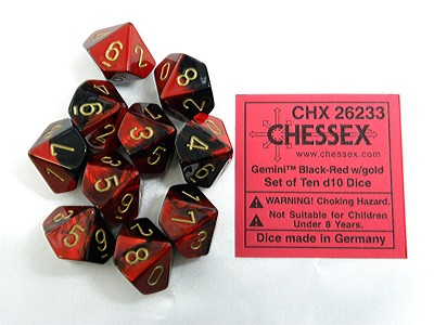 Gemini Black-Red/gold D10 Dobbelsteen Se