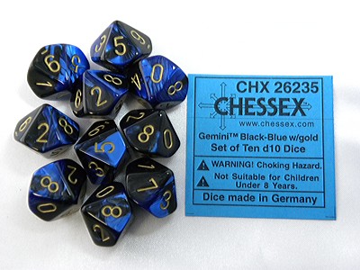 Gemini Black-Blue/gold D10 Dobbelsteen S